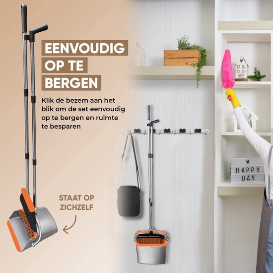 TTD® Kehrschaufel und Bürste mit langem Stiel XXL - Verstellbar 54-263 cm - Besen - Besenstiel - Grau & Orange - Kehrschaufel und Bürste - Schmutzbehälter für drinnen und draußen - Integrierte Reinigungszähne