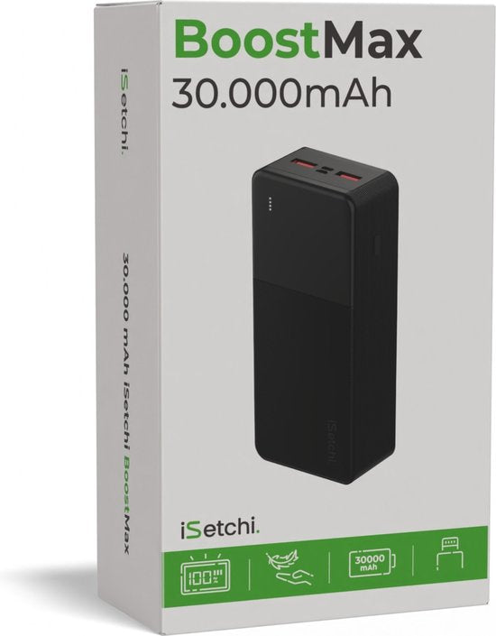 iSetchi BoostMax - Universal Powerbank - 30000 mAh - Externer Akku - Notfallpaket - USB-C & Micro USB - Tragbares Ladegerät - 22.5W Schnellladung - Schwarz