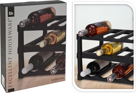 Excellent Houseware Weinregal/Flaschenregal - Schwarz - Kunststoff - 39 x 30 x 25 cm - für 12x Flaschen