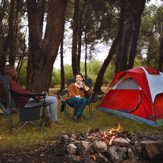TRVLMORE Campingstuhl - Zusammenklappbar - Komfort - 150 kg Belastbarkeit - Getränkehalter - Kühlfach - Seitentasche - Schwarz