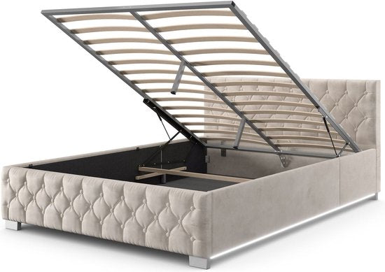 Polsterbett Nizza - 140 x 200 cm - Beige - LED-Beleuchtung & Bettschublade