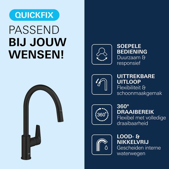 GROHE Start Edge Einhebel-Küchenarmatur mit ausziehbarem Auslauf – Hoher C-förmiger Auslauf – 360° Schwenkbereich – Mattschwarz – Einfache Montage mit QuickMount