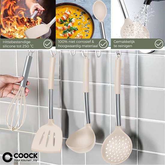 COOCK Silikon-Kochgeschirr-Set mit Halter XL - Kochgeschirr-Set 26-teilig - BPA-frei & plastikfrei - aufhängbar - inkl. Öffner - Beige