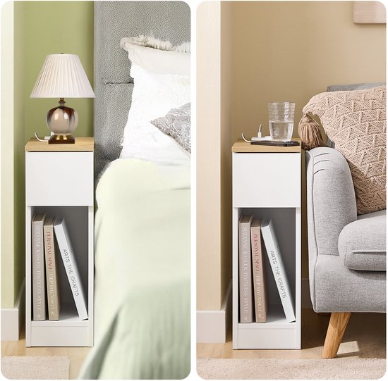 SoBuy Schlanker Nachttisch mit Ladestation, Schmaler Beistelltisch mit Standardsteckdose, USB-Anschluss und Type-C-Anschluss für Schlafzimmer und Wohnzimmer, B20 x T35 x H60 cm, Weiß, FBT111-E-WN