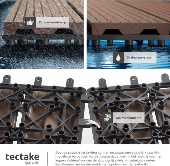tectake - WPC Holzfliesen - Fliesen in Holzoptik - Witterungsbeständig - Bodenbelag für den Außenbereich - Bodenfliesen - Balkonboden - Terrassenfliesen mit Klicksystem - Drain - 11er Set - Braun