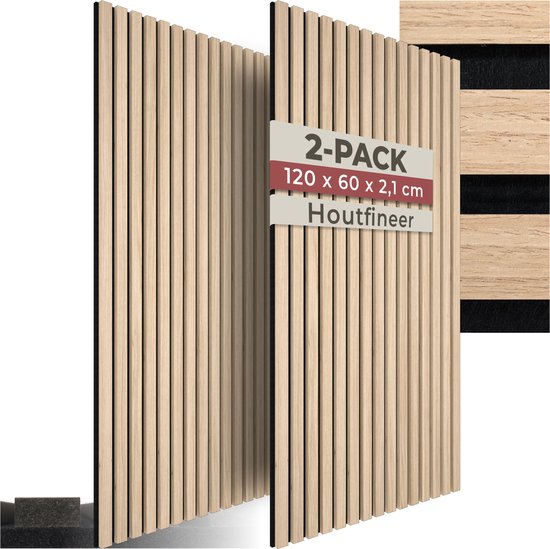 tectake® Akustikplatten – 2er-Set – Akustik-Wandplatte – 60 x 120 cm - 1,44 m² - Wandpaneele mit anpassbarer Größe - Lattenwand aus MDF und Holzfurnier - Schalldämmung - Stilvolle Wanddekoration - Einfache Montage - Helle Eiche
