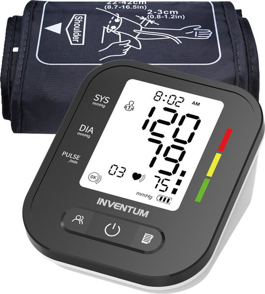 Inventum BDA435 - Oberarm-Blutdruckmessgerät - Herzfrequenzmessgerät - Manschette 22 bis 42 cm - Vollautomatisch - Unregelmäßiger Herzschlag - Inklusive Batterien