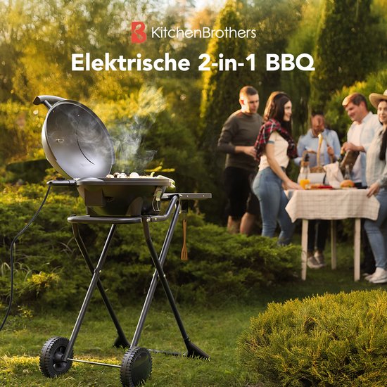 KitchenBrothers - Elektrogrill mit Rädern - Klappbar - Antihaftbeschichtung - Beistelltisch - Bis zu 250°C - 2400W - Schwarz