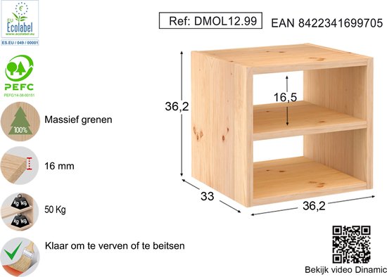 Astigarraga Fächerschrank offen - mit Fachboden - PEFC Kiefer - 36x36cm