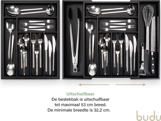 Budu Extendable Bamboo Cutlery Tray #43 (43 cm tief) - Schwarz - Besteckkassette Holz - Besteckschublade - 43 x 32,2 - 53 cm - 6/8 Fächer