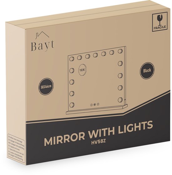Bayt Hollywood-Spiegel mit Beleuchtung - Make-up-Spiegel mit Beleuchtung - Spiegel mit Beleuchtung - dimmbar - 10x Vergrößerung - 58x46cm - Schwarz