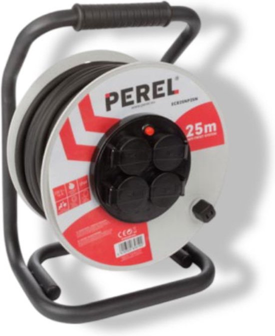 Perel Professional Kabeltrommel, Innen- und Außenbereich, spritzwassergeschützt (IP44), 4 Steckdosen mit Stifterdung, Verdrehsicherung, Thermoschutz, Kabellänge 25 m, 3G2,5, grau/schwarz