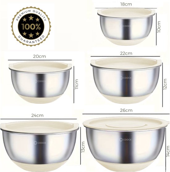 COOCK Edelstahl Rührschüsselset mit Deckel - Bratschüsseln mit Deckel - Vorratsschüssel mit Reibe - Schüssel für Salate & Mischungen - 22-teiliges Set 1,5 bis 5 Liter - Beige - inkl. Messlöffel
