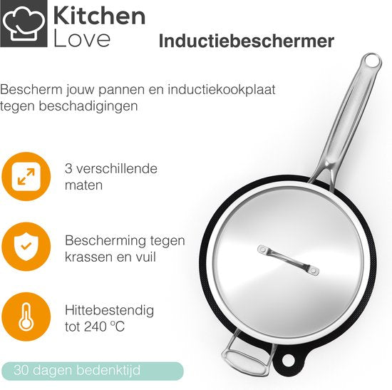 KitchenLove Induktionsschutz - Matte rund - 4 Stück 3 Größen - Pfannenschutzmatte - Hitzebeständig bis 240°C - Schwarz