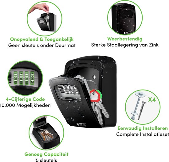 Happy Goods Schlüsselkasten mit Zahlenschloss - Schwarz - Schlüsselkasten - Wasserdicht - Schlüsselkasten für draußen mit Code