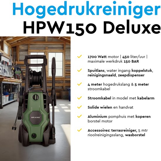 BRASQ Hochdruckreiniger Deluxe - Terrassenreiniger - Hochdrucksprühgerät - 1700W - 150 bar - 450 L/H - Komplettset