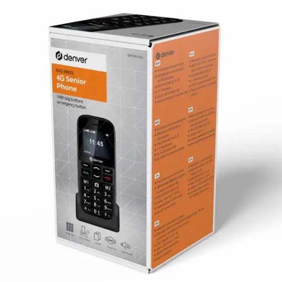 Denver Seniorenhandy 4G - Große Tasten - SOS-Taste - Smartphone-freies Aufwachsen - Ladestation - GSM - Full NL und FR - BAS18600L