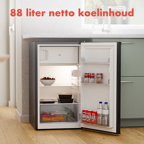 KitchenBrothers Kühlschrank - 88L Kühlfach - 14L Gefrierfach - Eisfach - Frigo - Freistehend - Schwarz