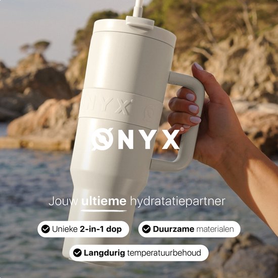 ONYX Trinkflasche mit Strohhalm 1 Liter - Trinkflasche für Kinder & Erwachsene - Thermoskanne Edelstahl-Reisebecher - Motivations-Trinker - Trinkbecher für die Schule - Coco White
