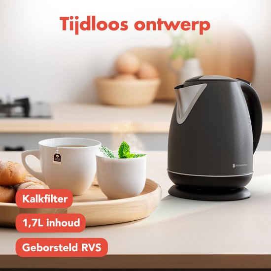 KitchenBrothers Wasserkocher - Elektrisch - 1.7L - Mit Kalkfilter - Titanium Grau/RVS