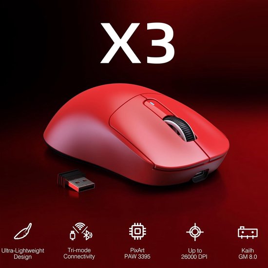 ATTACK SHARK Kabellose Gaming-Maus - Kabelgebunden/2.4G/BT5.4 - Leichtgewicht 49G - PAW3395 - 26000DPI - Rot
