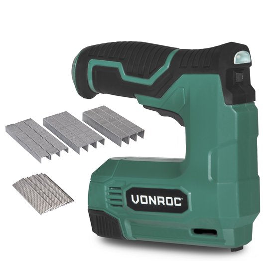 VONROC Akku-Tacker 4V - Komplettset mit 900 Klammern und 300 Nägeln