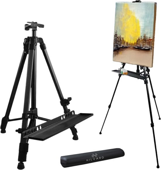 Hilvard - Staffelei für Erwachsene - Tisch Staffelei - Feld Staffelei - Verstellbar - Quick Grip & Release Bracket - Schwarz - Geeignet für Maltücher - Studio Staffelei - Inkl. Aufbewahrungstasche - 54 cm bis 156 cm