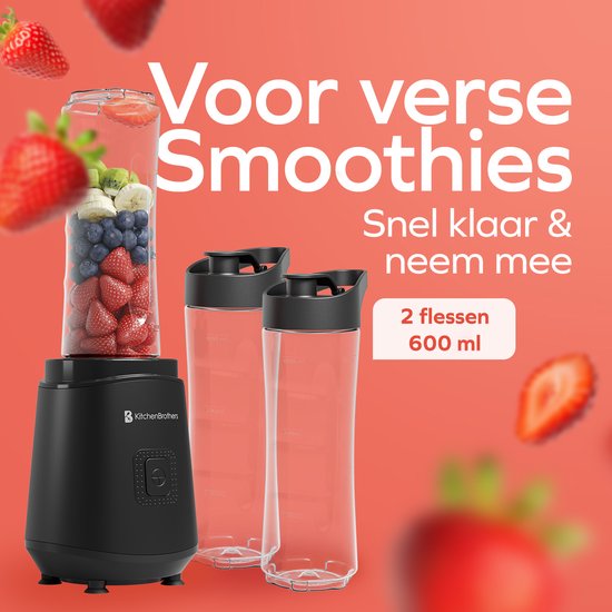KitchenBrothers Mini Mixer - Mixer zum Mitnehmen - Smoothie Maker - 2 To-Go Becher 600 ml - Schwarz