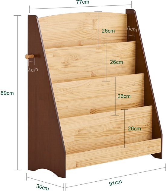 SoBuy KMB32-N Bücherregal für Kinder, Spielzeug, Bücherregal, 4 Ebenen, mit 2 Haken, Bücherregal, Aufbewahrungsschrank, Schlafzimmer, Büro, Wohnzimmer, natur, 91 x 30 x 89 cm