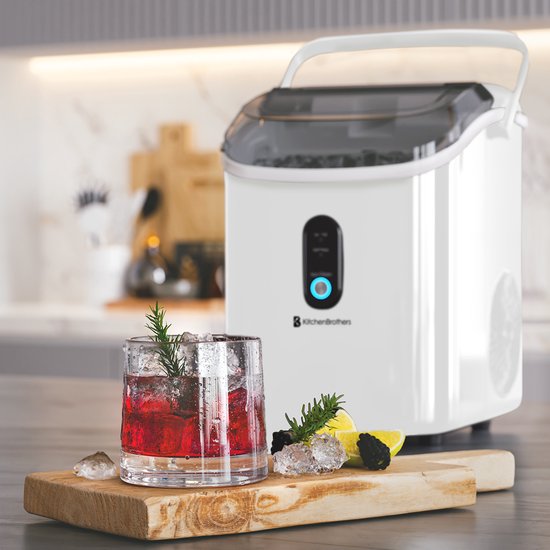 KitchenBrothers Nugget Eiswürfelbereiter - 1.1L - Crushed Ice Maker mit Eisportionierer - Tragbar - 15kg/24 Stunden - Weiß