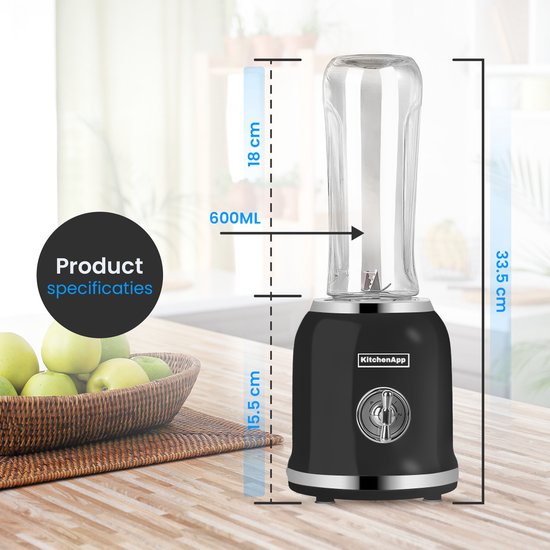 KitchenApp Blender to go - Retro-Mixer - Smoothie-Maker - Inklusive zwei Bechern und diversem Zubehör - Schwarz