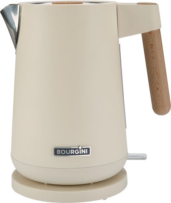 Bourgini Harmony Wasserkocher - Edelstahl - Mit Elementen aus echtem Buchenholz - 1.7L - Cremeweiß