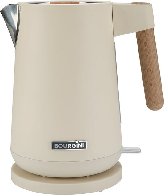 Bourgini Harmony Wasserkocher - Edelstahl - Mit Elementen aus echtem Buchenholz - 1.7L - Cremeweiß