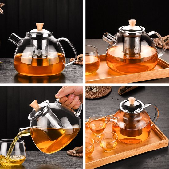 Deleca Teekanne aus Glas mit Filter und Teelichtwärmer-Set - Borosilikatglas - Edelstahlsieb - Weihnachtsgeschenk - für losen Tee / Teeblumen - 1.5L