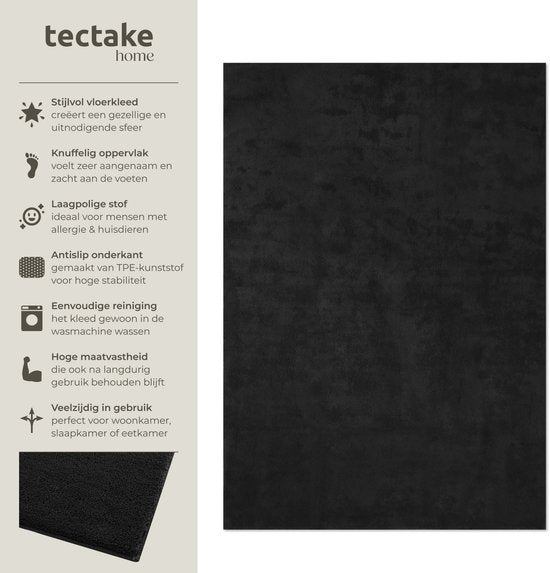 tectake® Kurzflorteppich - 160 x 230 cm - Schwarz - 1630 g/m² Florgewicht - Teppich für Wohnzimmer, Schlafzimmer, Esszimmer - Pflegeleicht und waschbar - Anti-Rutsch-Unterlage - Allergikerfreundlich - Verschiedene Größen und Farben