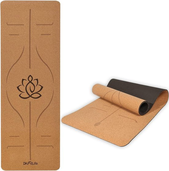 DH FitLife Yogamatte aus Kork & TPE, Matte 183 x 61 x 0,6 cm, Fitnessmatte, rutschfest und umweltfreundlich, Sportmatte natürlich selbstreinigend, Yogamatte mit Orientierungslinien (große Lotos)