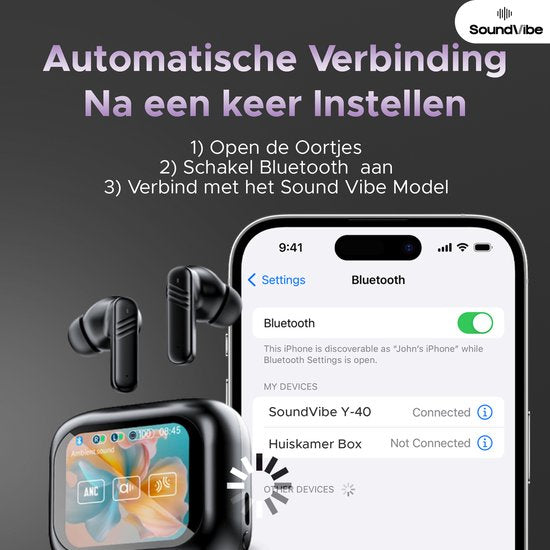 SoundVibe® - Kabellose Ohrhörer mit Geräuschunterdrückung - Schwarz - Bluetooth-Ohrhörer - Kopfhörer mit Geräuschunterdrückung - LX-10 Earpods mit Bildschirm - Funktioniert mit Apple und Android - Earpods USB C - Kabellose Ohrhörer - Drahtlose Ohrhörer