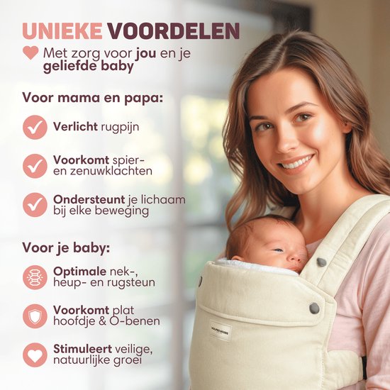 Vulpes Goods® BabyCare Babytrage - Ergonomisch - 0-36 Monate - Luxus-Bauchtrage bis zu 20 kg - OEKO-TEX® Baumwolle - Freihändiger Komfort - Mit Rückenstütze & M-Position - Creme