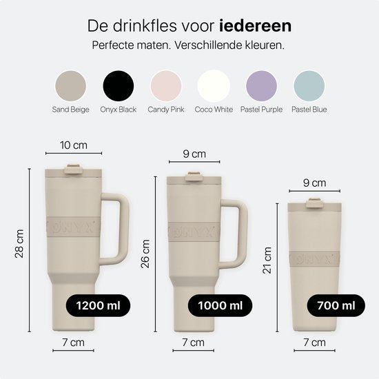 ONYX Trinkflasche mit Strohhalm 1 Liter - Wasserflasche für Kinder & Erwachsene - Thermoskanne Edelstahl Reisebecher - Motivationstrinker - Trinkbecher für die Schule - Sand Beige