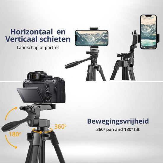 Studio ME Telefonstativ - 136 cm - Stativ Smartphone - Schwarz - Kamerastativ - Telefonhalterung - Inkl. Bluetooth-Fernbedienung - Stativ Telefon
