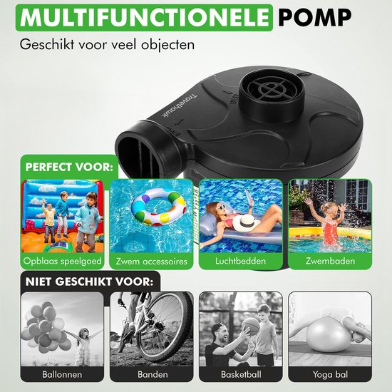 Travelhawk Elektrische Luftpumpe - Elektrische Pumpe Luftbett - Inklusive Stecker und Autoladegerät - Kompakt - Praktisch für Camping - 12V und 220V -.