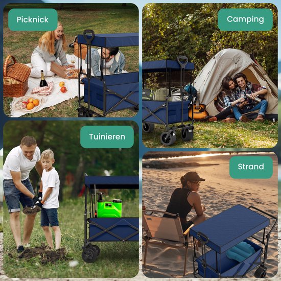 Avalo Bolderkar mit Dach XL faltbar - bis zu 110KG Tragfähigkeit - 120L - 97x60x105 CM - 360º Räder - Bolderwagen / Bolderwagen / Strandwagen / Trekkingwagen / faltbarer Bolderkar - Für Strand - Blau