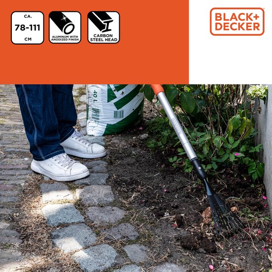 BLACK+DECKER Harke - Teleskop-Gartenharke - Ausziehbarer Stiel von 78 bis 111 CM - Laubharke - Gartengeräte Aluminiumstiel und Kohlenstoffstahlkopf - Rostfrei - Silber/Schwarz