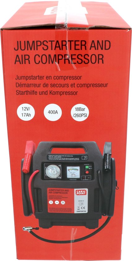 Carpoint Jumpstarter - 12 Volt - Mit Luftkompressor - Spitzenleistung 400A - Aufladen mit 230 Volt oder 12 Volt Adapter - Maximaler Kompressordruck 18 BAR/260 PSI - Eingebaute LED Beleuchtung - Abmessungen 365x345x175mm