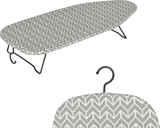 STAUS&BACH Ironiq – Kleines Tischbügelbrett (100 % Baumwolle) mit Aufhängehaken – Maße 76,5 x 30,5 cm – Mini-Bügelbrett – Für unterwegs – Grau