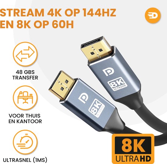 Drivv. Displayport-Kabel - 8K 60Hz - 4K 144 Hz - 32.4GBps - Displayport 1.4 - DP-Kabel - PVC - 1 Meter - Space Grau