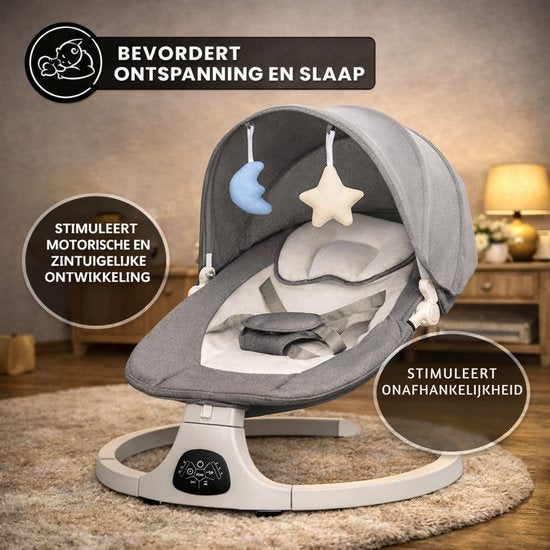 Oemmie Elektrischer Schaukelstuhl - Babyschaukel - Schaukelstuhl Baby - Babywippe - Inklusive Bluetooth-Funktion und Fernbedienung - 5 Schaukelpositionen - Grau