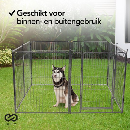Infinity Goods Hundeauslauf - Welpenauslauf - 8 Paneele - 80 x 80 CM - 640 CM Umfang - faltbar - mit Tür - Stahl - Schwarz