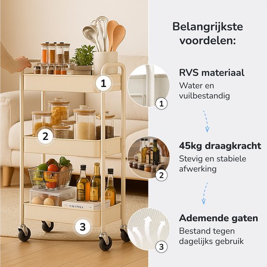 Küchenwagen auf Rädern - 3 Schichten - Küchenregal - Servierwagen - Schrank - Trolley - Aufbewahrung - Duschkabinen stehend - Regal - Beige - Luft