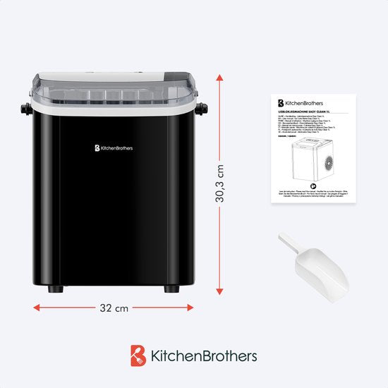 KitchenBrothers Eiswürfelbereiter - 1.5L - Eiswürfelbereiter - 12kg/24 Stunden - Tragbar - Selbstreinigungsfunktion - Schwarz